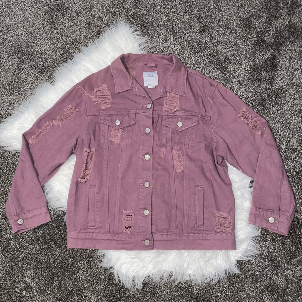 NWOT Iris muave colored distressed jean jacket.